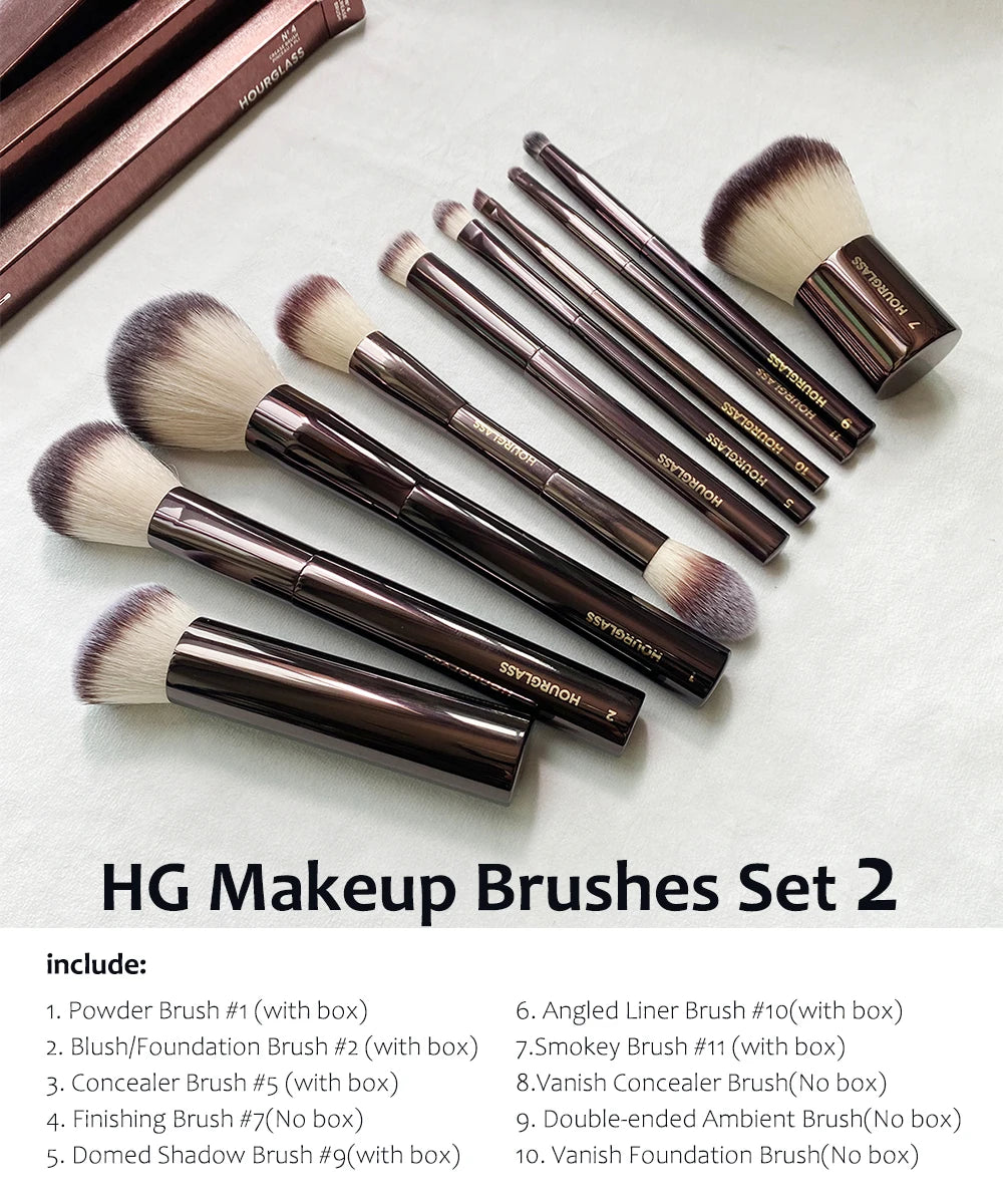 Hourglass Makeup Brushes Set - Luxury Powder Blush Eyeshadow Crease Concealer eyeLiner Smudger Metal Handle Brushes