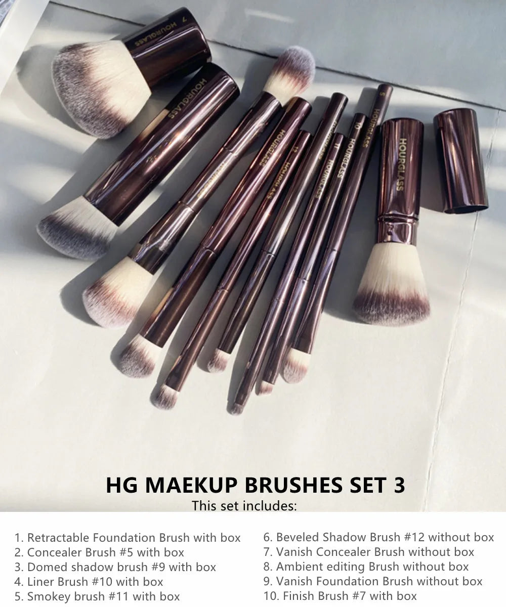 Hourglass Makeup Brushes Set - Luxury Powder Blush Eyeshadow Crease Concealer eyeLiner Smudger Metal Handle Brushes